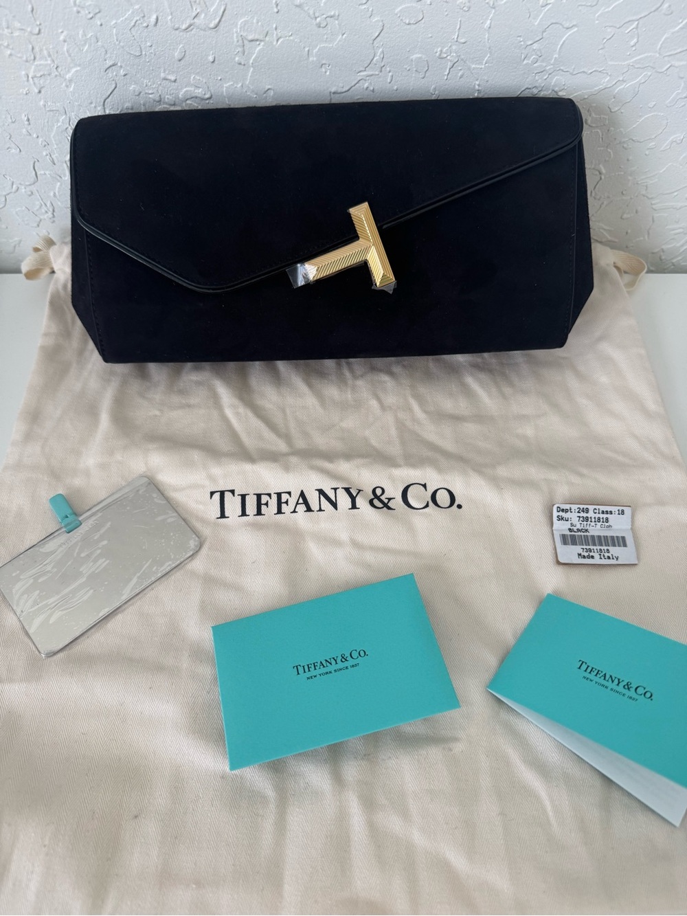 Tiffany & Co. Black Suede Clutch with Gold plated Hardware
